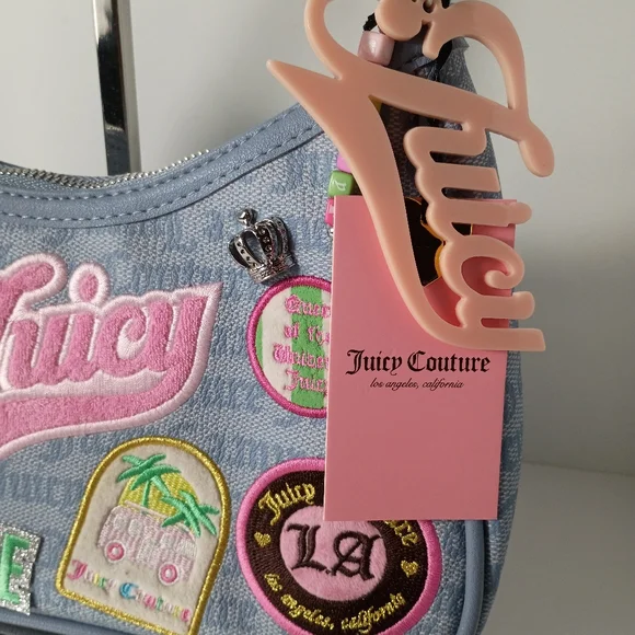 Juicy Couture Exclusive Run The World Light Blue Embroidered Patch Shoulder Bag - Picture 4 of 13
